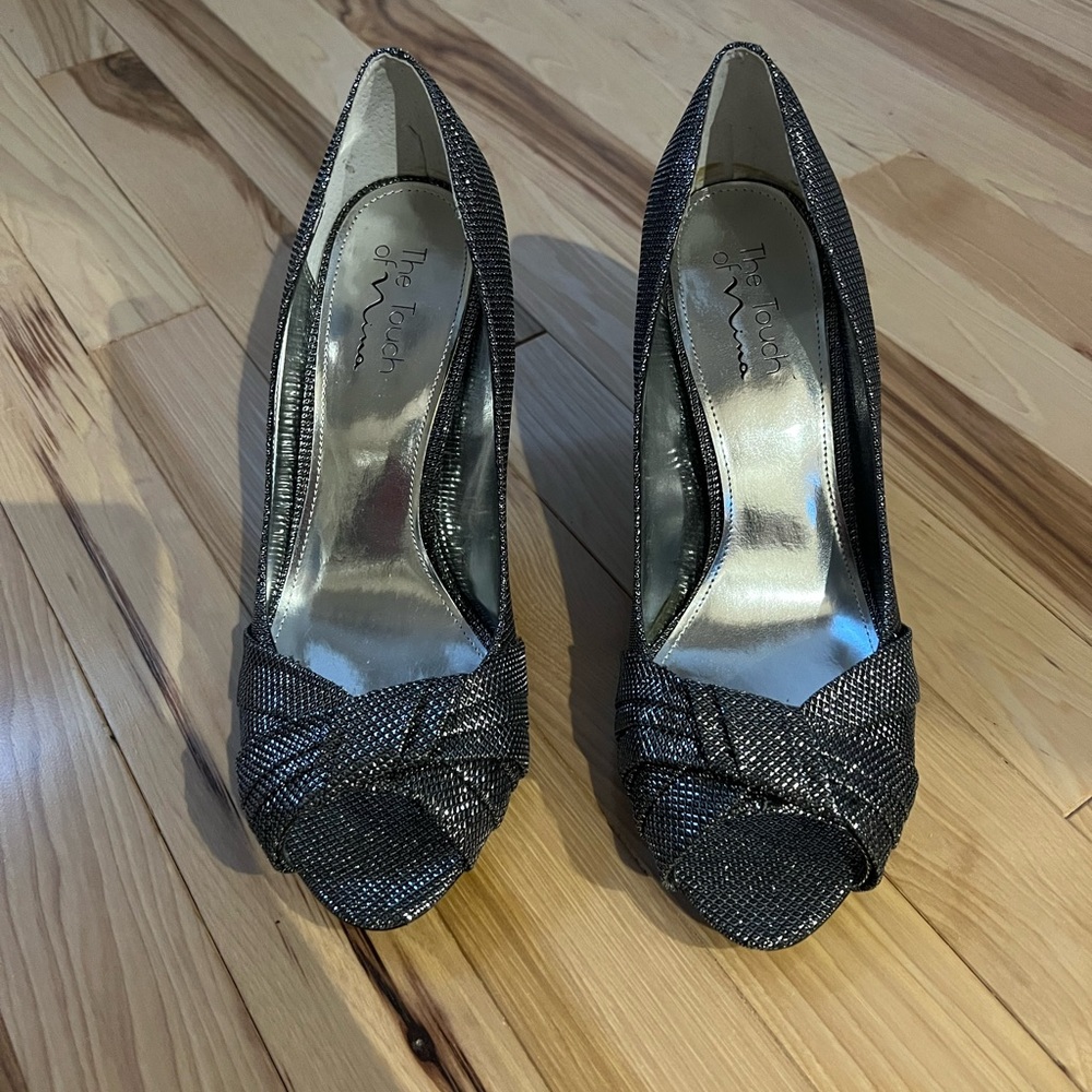 open toe silver sparkle heels